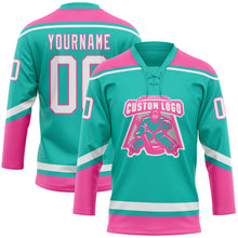 Load image into Gallery viewer, Custom Aqua White-Pink Hockey Lace Neck Jersey
