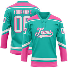 Load image into Gallery viewer, Custom Aqua White-Pink Hockey Lace Neck Jersey