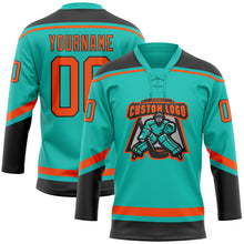 Load image into Gallery viewer, Custom Aqua Orange-Black Hockey Lace Neck Jersey