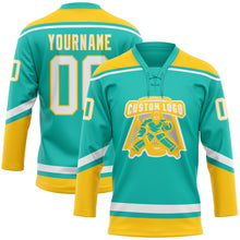 Load image into Gallery viewer, Custom Aqua White-Yellow Hockey Lace Neck Jersey