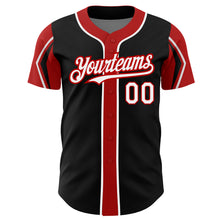 Load image into Gallery viewer, Custom Black White-Red 3 Colors Arm Shapes Authentic Baseball Jersey