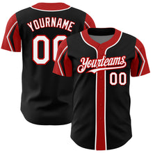 Load image into Gallery viewer, Custom Black White-Red 3 Colors Arm Shapes Authentic Baseball Jersey