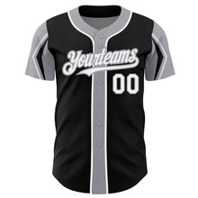 Load image into Gallery viewer, Custom Black White-Gray 3 Colors Arm Shapes Authentic Baseball Jersey