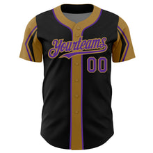Load image into Gallery viewer, Custom Black Purple-Old Gold 3 Colors Arm Shapes Authentic Baseball Jersey