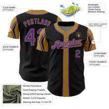 Load image into Gallery viewer, Custom Black Purple-Old Gold 3 Colors Arm Shapes Authentic Baseball Jersey