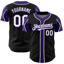 Load image into Gallery viewer, Custom Black White-Purple 3 Colors Arm Shapes Authentic Baseball Jersey
