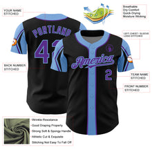 Load image into Gallery viewer, Custom Black Purple-Light Blue 3 Colors Arm Shapes Authentic Baseball Jersey