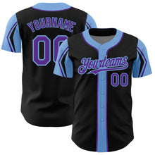 Load image into Gallery viewer, Custom Black Purple-Light Blue 3 Colors Arm Shapes Authentic Baseball Jersey