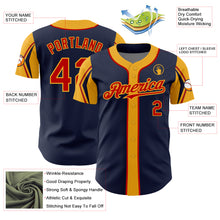 Load image into Gallery viewer, Custom Navy Red-Gold 3 Colors Arm Shapes Authentic Baseball Jersey