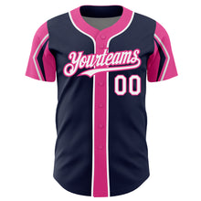 Load image into Gallery viewer, Custom Navy White-Pink 3 Colors Arm Shapes Authentic Baseball Jersey
