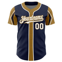Load image into Gallery viewer, Custom Navy White-Old Gold 3 Colors Arm Shapes Authentic Baseball Jersey