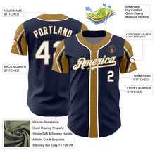 Load image into Gallery viewer, Custom Navy White-Old Gold 3 Colors Arm Shapes Authentic Baseball Jersey
