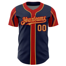 Load image into Gallery viewer, Custom Navy Old Gold-Red 3 Colors Arm Shapes Authentic Baseball Jersey