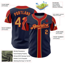 Load image into Gallery viewer, Custom Navy Old Gold-Red 3 Colors Arm Shapes Authentic Baseball Jersey