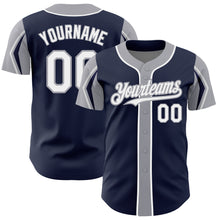 Load image into Gallery viewer, Custom Navy White-Gray 3 Colors Arm Shapes Authentic Baseball Jersey