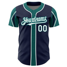 Load image into Gallery viewer, Custom Navy White-Teal 3 Colors Arm Shapes Authentic Baseball Jersey