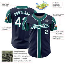 Load image into Gallery viewer, Custom Navy White-Teal 3 Colors Arm Shapes Authentic Baseball Jersey