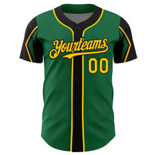 Load image into Gallery viewer, Custom Kelly Green Yellow-Black 3 Colors Arm Shapes Authentic Baseball Jersey