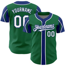 Load image into Gallery viewer, Custom Kelly Green White-Royal 3 Colors Arm Shapes Authentic Baseball Jersey