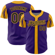 Load image into Gallery viewer, Custom Purple Black-Gold 3 Colors Arm Shapes Authentic Baseball Jersey