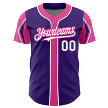 Load image into Gallery viewer, Custom Purple White-Pink 3 Colors Arm Shapes Authentic Baseball Jersey