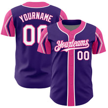 Load image into Gallery viewer, Custom Purple White-Pink 3 Colors Arm Shapes Authentic Baseball Jersey