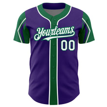 Load image into Gallery viewer, Custom Purple White-Kelly Green 3 Colors Arm Shapes Authentic Baseball Jersey