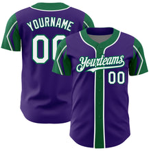 Load image into Gallery viewer, Custom Purple White-Kelly Green 3 Colors Arm Shapes Authentic Baseball Jersey