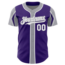 Load image into Gallery viewer, Custom Purple White-Gray 3 Colors Arm Shapes Authentic Baseball Jersey