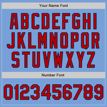 Load image into Gallery viewer, Custom Light Blue Red-Navy 3 Colors Arm Shapes Authentic Baseball Jersey