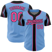 Load image into Gallery viewer, Custom Light Blue Pink-Black 3 Colors Arm Shapes Authentic Baseball Jersey