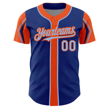 Load image into Gallery viewer, Custom Royal Light Blue-Orange 3 Colors Arm Shapes Authentic Baseball Jersey