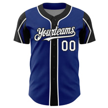 Load image into Gallery viewer, Custom Royal White-Black 3 Colors Arm Shapes Authentic Baseball Jersey