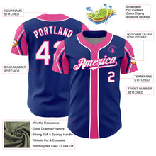 Load image into Gallery viewer, Custom Royal White-Pink 3 Colors Arm Shapes Authentic Baseball Jersey