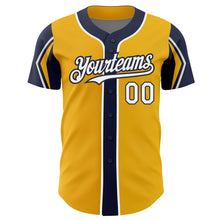 Load image into Gallery viewer, Custom Gold White-Navy 3 Colors Arm Shapes Authentic Baseball Jersey