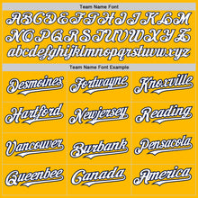 Load image into Gallery viewer, Custom Gold White-Navy 3 Colors Arm Shapes Authentic Baseball Jersey