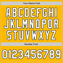 Load image into Gallery viewer, Custom Gold White-Navy 3 Colors Arm Shapes Authentic Baseball Jersey