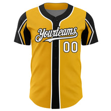 Load image into Gallery viewer, Custom Gold White-Black 3 Colors Arm Shapes Authentic Baseball Jersey