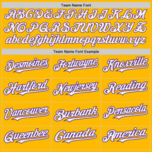 Load image into Gallery viewer, Custom Gold White-Purple 3 Colors Arm Shapes Authentic Baseball Jersey