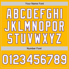 Load image into Gallery viewer, Custom Gold White-Purple 3 Colors Arm Shapes Authentic Baseball Jersey