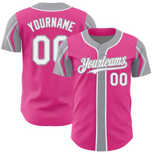 Load image into Gallery viewer, Custom Pink White-Gray 3 Colors Arm Shapes Authentic Baseball Jersey