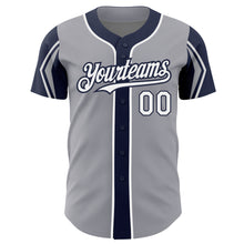 Load image into Gallery viewer, Custom Gray White-Navy 3 Colors Arm Shapes Authentic Baseball Jersey