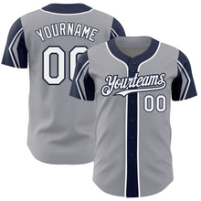 Load image into Gallery viewer, Custom Gray White-Navy 3 Colors Arm Shapes Authentic Baseball Jersey