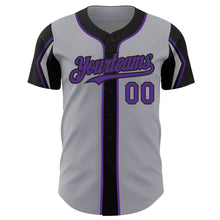 Load image into Gallery viewer, Custom Gray Purple-Black 3 Colors Arm Shapes Authentic Baseball Jersey