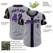 Load image into Gallery viewer, Custom Gray Purple-Black 3 Colors Arm Shapes Authentic Baseball Jersey