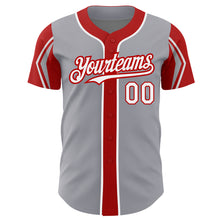 Load image into Gallery viewer, Custom Gray White-Red 3 Colors Arm Shapes Authentic Baseball Jersey