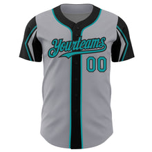 Load image into Gallery viewer, Custom Gray Teal-Black 3 Colors Arm Shapes Authentic Baseball Jersey