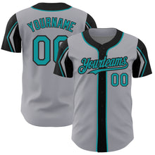 Load image into Gallery viewer, Custom Gray Teal-Black 3 Colors Arm Shapes Authentic Baseball Jersey