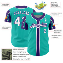 Load image into Gallery viewer, Custom Aqua White-Purple 3 Colors Arm Shapes Authentic Baseball Jersey