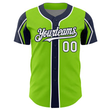 Load image into Gallery viewer, Custom Neon Green White-Navy 3 Colors Arm Shapes Authentic Baseball Jersey